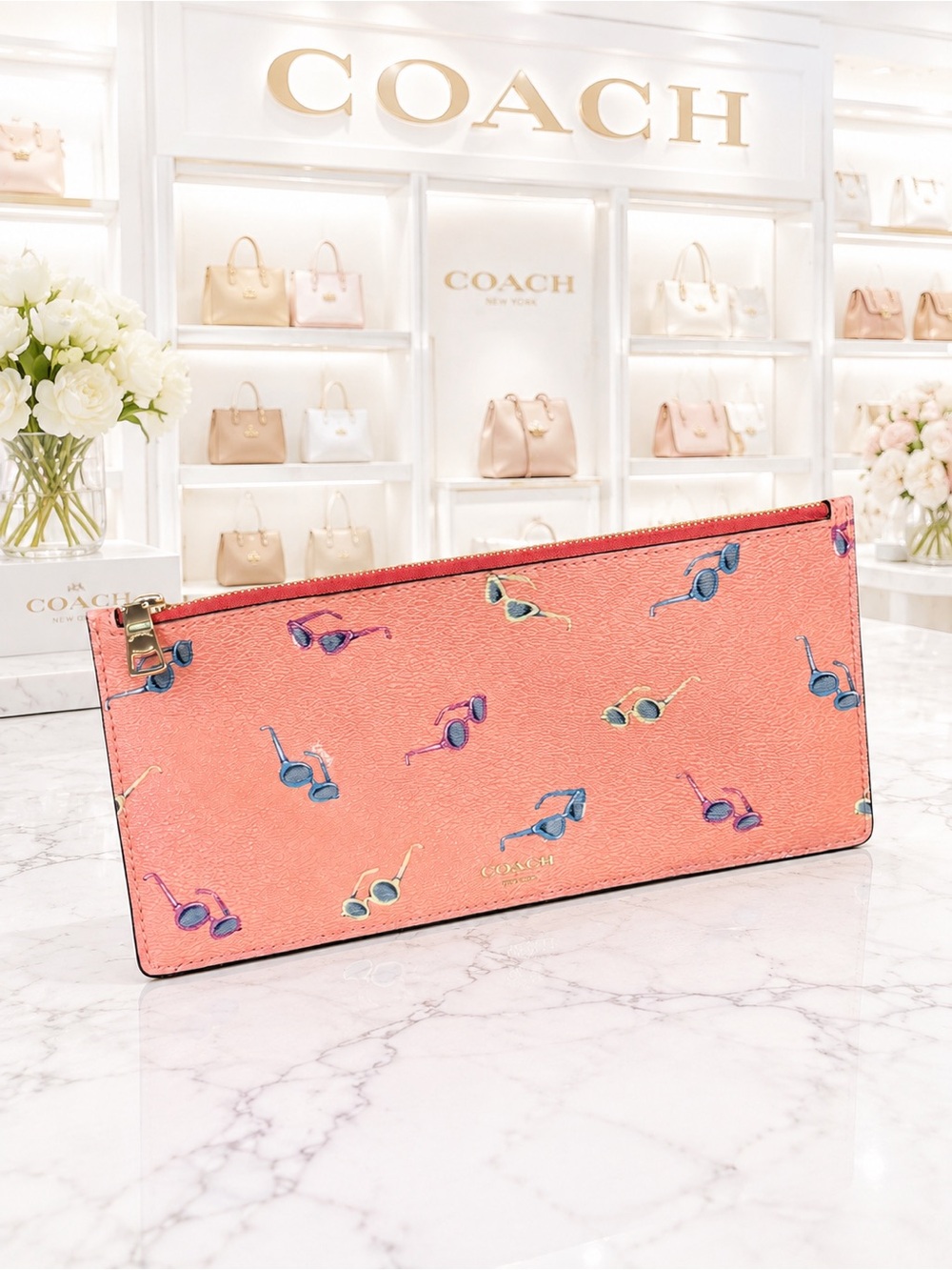 COACH FUN IN THE SUN Sunglasses Print Slim Skinny Long Wallet Coral Pink Multi